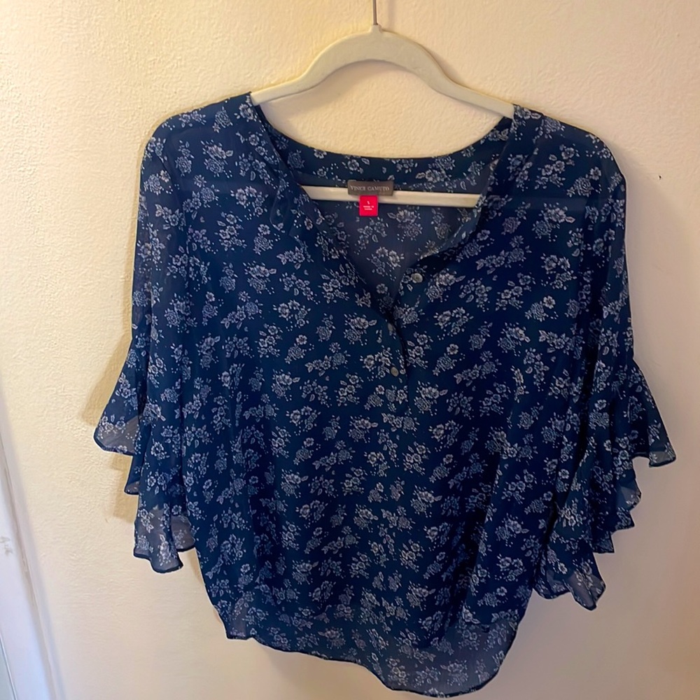 Vince Camuto (stitch fix) navy blue sheer floral blouse with ruffled 3/4 sleeves